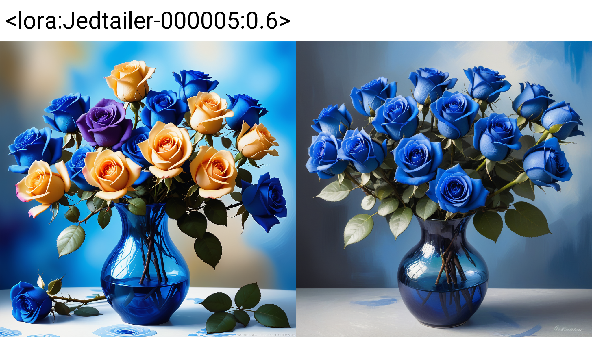 a bunch of blue roses in a vase, masterpiece, full of details, vivid colours, positive emotional, Jed-dtl, <lora:Jedtailer-000005:0.6>