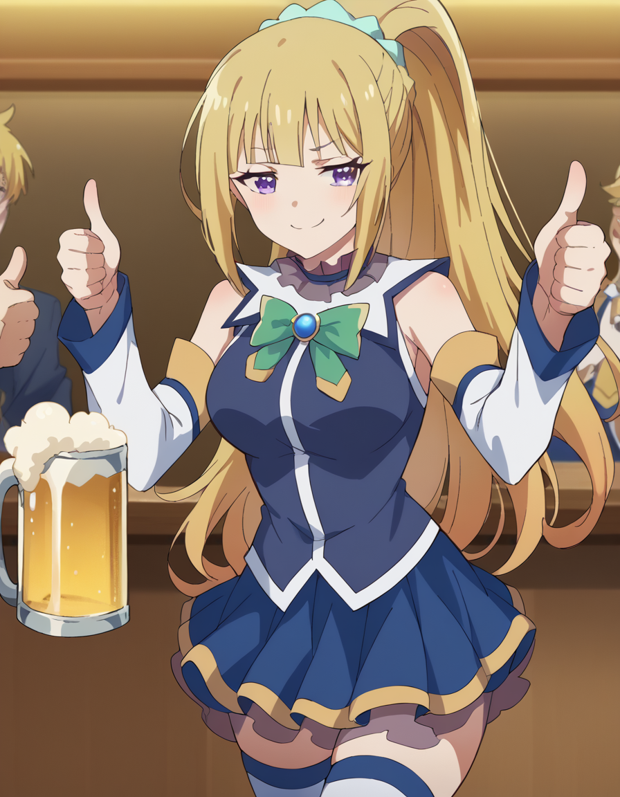 score_9, score_8_up, score_7_up, source_anime, keikaruizawa, <lora:kei-karuizawa-anime-s2-ponyxl-lora-nochekaiser:1>, kei karuizawa, long hair, bangs, blunt bangs, purple eyes, blonde hair, hair ornament, ponytail, scrunchie, blue scrunchie, medium breasts,, <lora:aqua-cosplay-ponyxl-lora-nochekaiser:1>, aqua cosplay, aqua (konosuba) (cosplay), skirt, shirt, thighhighs, bare shoulders, detached sleeves, white thighhighs, blue skirt, blue shirt, green bow,, bar, beer, beer mug, thumbs up, smile, smug, holding beer mug,,