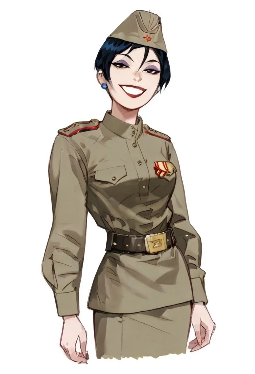 score_9, score_8_up, score_8_up, btimmsketch, 
DeathGirl, 1girl, short hair, black hair, white skin, eye shadow, earrings, evil smile, halftone effect, Soviet Military uniform, skirt, belt, garrison cap, smug