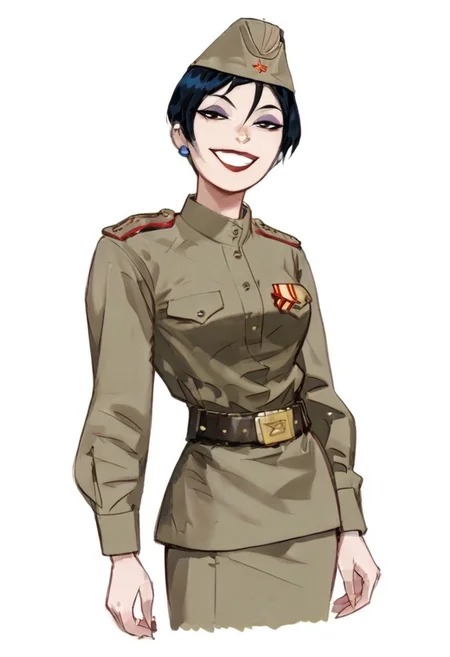 score_9, score_8_up, score_8_up, btimmsketch, 
DeathGirl, 1girl, short hair, black hair, white skin, eye shadow, earrings, evil smile, halftone effect, Soviet Military uniform, skirt, belt, garrison cap, smug