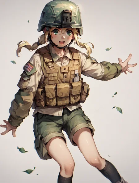score_9, score_8_up, score_7_up, score_6_up, score_5_up, source_anime, AmericanSoldier, 1girl, solo, looking at viewer, blush, smile, open mouth, blonde hair, simple white background, shorts, aqua eyes, kneehighs, helmet, <lora:AmericanSoldierV2:1>
