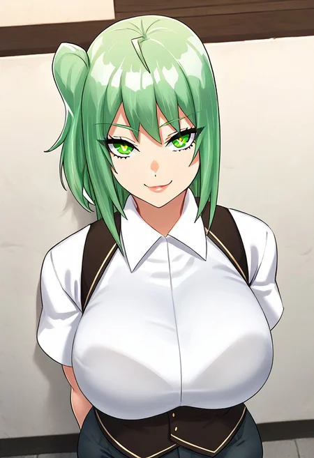 score_9, score_8_up, score_7_up, ASCII masterpiece, source_anime, BREAK, 1girl, solo, (( <lora:ravel:1> , ravel, thin waist, wide hips, beautiful skin, piercing green eyes, clear eyes, bright pupils, beautiful eyes, beautiful green hair, beautiful side ponytail, bangs, huge and shaggy breasts, natural beauty, extraordinary beautiful woman, attractive woman, super sexy woman, lustful body, sexy woman with seductive obscene body, sensual body, voluptuous body, sexy beauty, no piercings, no piercing, )) , ((formal, sheer white shirt, grey pants, brown vest with yellow edge, )) , indoors, shiny clothes, shiny skin, night club, erotic bar, classy decorations, cowboy shot, from above, looking at viewer, hands behind back, (detailed face, detailed eyes), delicate features, soft lighting, seducative smile, cute and sexy, very detailed, high detailed texture, uncensored, rare view, makeup,