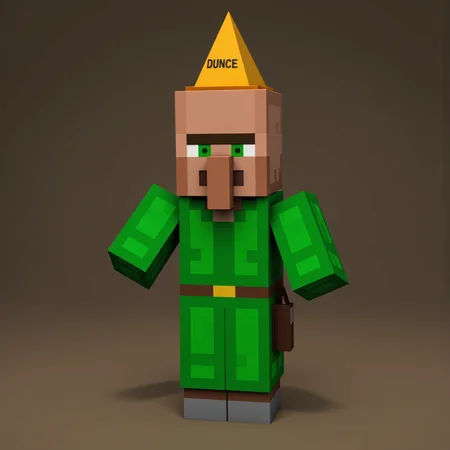 villager_mc, green robe. cone hat that reads dunce,
In the quiet corners of the Minecraft world, villagers live simple yet mysterious lives, their origins lost to ancient memory. Long before players ever arrived, these blocky folk built their scattered settlements from wood, stone, and faith in the old ways. Each villager, with their distinctive green eyes, broad noses, and solemn, blocky frames, carries on traditions passed down through countless seasons — farming, trading, and crafting the essentials of survival. They rarely speak, instead communicating through gestures and knowing looks, as if guarding ancient secrets about the world’s creation. Legends whisper that villagers were once great architects and scholars, who, after a forgotten cataclysm, chose a life of humble isolation. Their villages, cradled between mountains, forests, and plains, pulse quietly with life, protected by iron golems and bound by an unspoken pact with the land itself — to endure, to trade, and to remember.