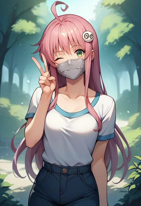score_9,score_8_up,score_7_up,score_6_up,score_5_up,score_4_up,
1girl, lala satalin deviluke, long hair, breasts, ahoge, hair ornament, one eye closed, v,
cowboy shot, solo, looking at viewer, outdoors,
tape gag,
<lora:lalaponyxl:1> <lora:tapeotnponyxlmerge19:1>