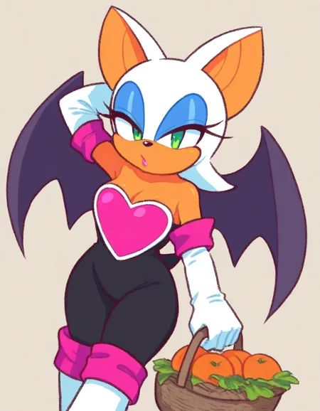 , <lora:rouge-the-bat-illustriousxl-lora-nochekaiser:1>, rouge, animal ears, bat ears, bat girl, bat tail, bat wings, eyeliner, furry, furry female, green eyes, makeup, tail, white hair, wings, eyeshadow,, bare shoulders, boots, elbow gloves, gloves, heart, knee boots, white footwear, white gloves,, farmers market, fresh produce, local vendors, baskets, sunny day, community, , hand behind head, , looking at viewer, solo,, dutch angle, cowboy shot