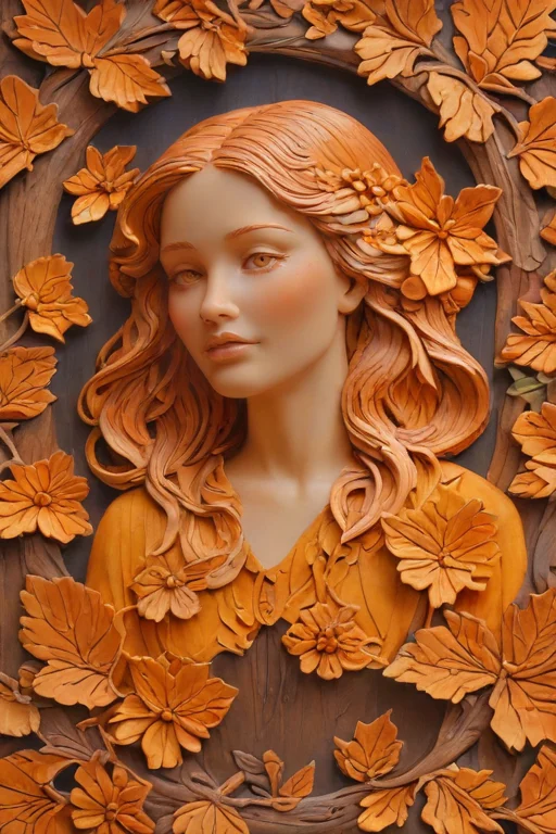 zPDXLxxx,score_9,score_8_up,score_7_up,score_6_up,score_5_up,score_4_up,<lora:Turbo_XL:1>,<lora:wooden_carved_bas-relief:1>,(wood carving, wooden carved bas-relief, wooden texture, glossy, lacquered:1),the color palette is dark in colors of orange and yellow,(upper body, portriet:1.3),frame,butterfly,flowers,leafy,, maximum details