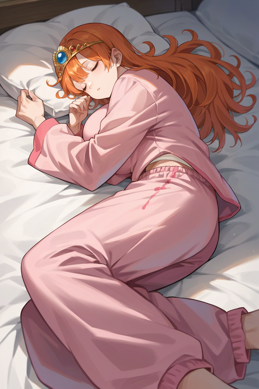 score_9, score_8_up, score_7_up, score_6_up, source_anime, 1girl, solo  <lora:dqlaura-pdxl-nvwls-v1-000005:1> dqlaura, orange hair, tiara, big breasts, pink pajamas, loose clothes, pink pajama pants, lying on side, bed, pillow, sleeping