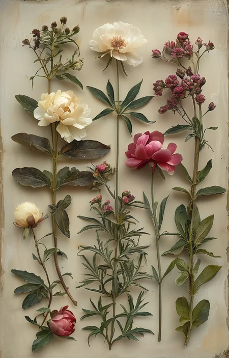masterpiece,best quality,<lora:tbh229-sdxl:0.9>,style of Herbarium decaying peonies