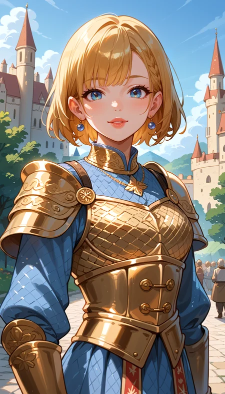 score_9, score_8_up, score_7_up, Anime Style, Portrait, girl, cute, seductive, innocent, light smile:0.3, plump lips, slender body, bob hair, dressing an high detailed medieval gold armor, gold ornate, gold embedded, glossy gold, high detailed chainmail, outdoors, professional photograph, award winning photography, far away castle background, depth of field, dynamic angle, fashion photography, sharp, hyperdetailed:1.15
