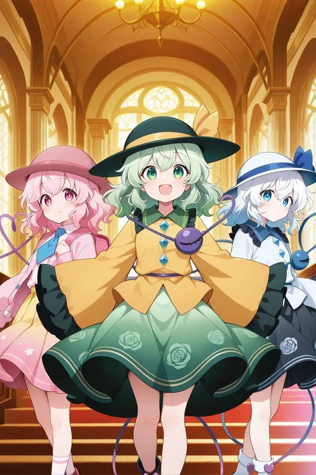 3girls, dynamic pose, indoors, looking at viewer, mansion, alongside, side by side, BREAK
absurdres, highres, masterpiece, best quality, amazing quality, official anime artwork, screencap, anime screencap, <lora:Komeiji-Koishi_IllustriousV2:1> BREAK
komeiji koishi, 1girl, solo, pink eyes, pink hair, long hair, third eye, heart of string,, komeiji koishi \(blossomed eyes of love\), alternate color, alternate costume, alternate eye color, alternate hair color, brown hat, blue necktie, pink cardigan, collared shirt, white shirt, long sleeves, yellow skirt, pleated skirt, gradient skirt, print skirt, pink skirt,
BREAK
komeiji koishi, 1girl, solo, green eyes, green hair, medium hair, third eye, heart of string,, green hat, hat ribbon, yellow ribbon, frilled shirt collar, yellow shirt, long sleeves, wide sleeves, diamond button, rose print, green skirt, open mouth,
BREAK
komeiji koishi, 1girl, solo, blue eyes, white hair, wavy hair, medium hair, third eye, heart of string, blue string,, komeiji koishi \(spontaneous white beauty\), alternate hair color, white hat, hat bow, hat ribbon, blue ribbon, blue bow, white shirt, wide sleeves, long sleeves, frilled sleeves, diamond button, black skirt, rose print,