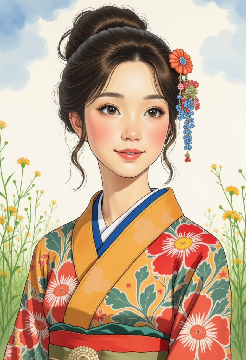 A wistful watercolor anime style portrait of a young woman, Adorned in a striking, hand-painted silk kimono with intricate embroidery and wide sleeves, a gentle smile, serene expression, ethereal atmosphere, meadow background