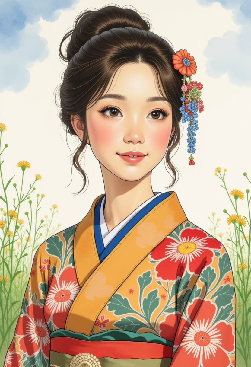 A wistful watercolor anime style portrait of a young woman, Adorned in a striking, hand-painted silk kimono with intricate embroidery and wide sleeves, a gentle smile, serene expression, ethereal atmosphere, meadow background