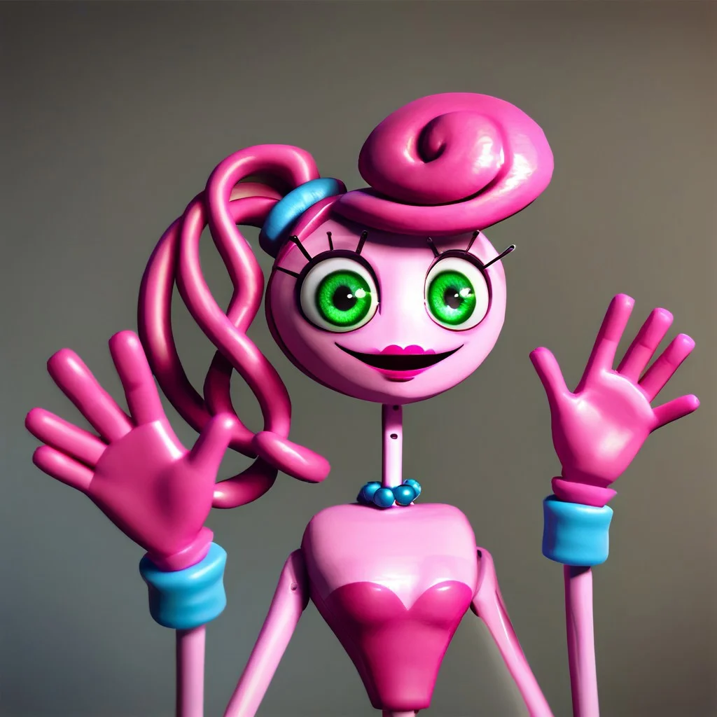 1girl, solo, solo female, score_7, score_7_up,
mommy long legs, pink hair, noodle hair, pink skin, green eyes, lipstick, smiling,   open mouth,    
pink neckline, blue necklace, pink gloves, slim waist, 
half body, waving, canon design,
3D