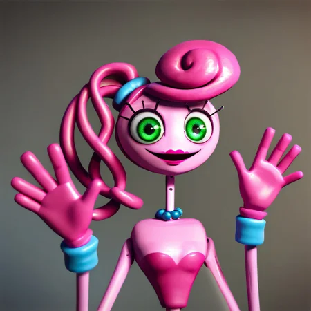 1girl, solo, solo female, score_7, score_7_up,
mommy long legs, pink hair, noodle hair, pink skin, green eyes, lipstick, smiling, open mouth,
pink neckline, blue necklace, pink gloves, slim waist,
half body, waving, canon design,
3D