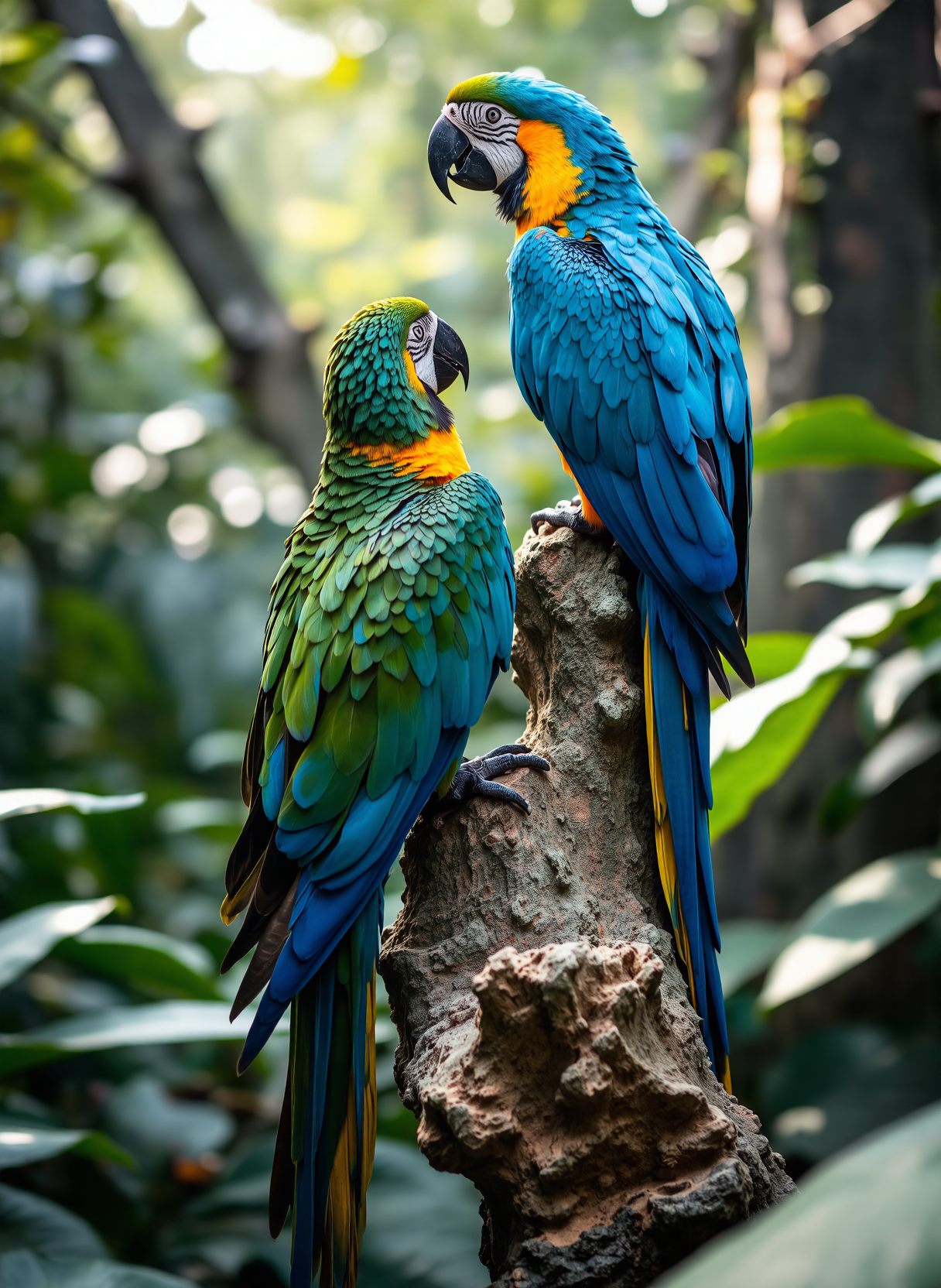 two tropical parrots, amazon parrot, blue macaws, in a jungle, on top of a mountain rock