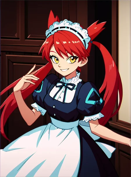 score_9, score_8_up, score_7_up, score_6_up, score_5_up, score_4_up source_anime, anime screencap, <lora:LAtiasAdventure:0.8>1girl, adventurelatias, solo, twintails, red hair, maid headdress, maid, smile, yellow eyes, long hair smile