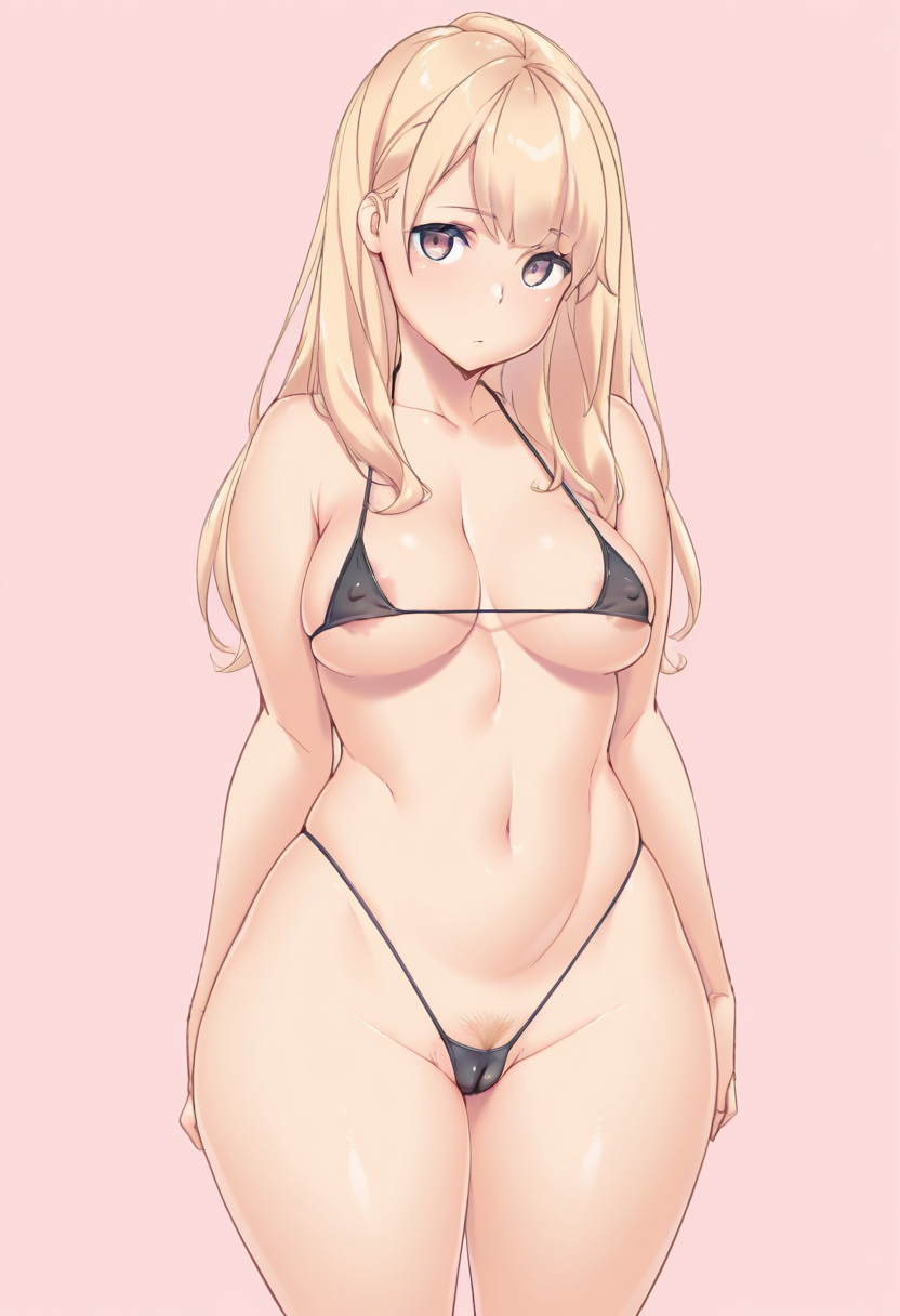 masterpiece, best quality,
 <lora:Uno_Makoto:1> Un0 M4k0t0, 1girl, solo,standing,looking at viewer,blonde hair, long hair, medium breasts, curvy,black bikini, micro bikini, highleg bikini,cameltoe, female pubic hair, covered nipples, areola slip,pink background, simple background,