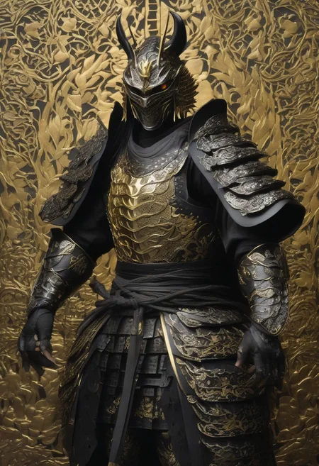 samurai dragon, glowing eyes, body wearing shiny satin black and silver metal samurai armor,intricate ornate weaved gold filiegree, fine detail, extremely detailed, unreal engine