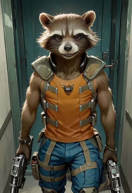 masterpiece, best quality, amazing quality, very aesthetic, absurdres, newest,  high quality, detailed, male, solo male, Rocket Raccoon, 1boy, mature male, male, athletic build, anthro, raccoon, black and brown fur, animal ears, brown eyes, standing, looking at viewer, orange tank top, combat gear, bracelets, shoulder pads, broad shoulders, indoors, holding gun, digital art
