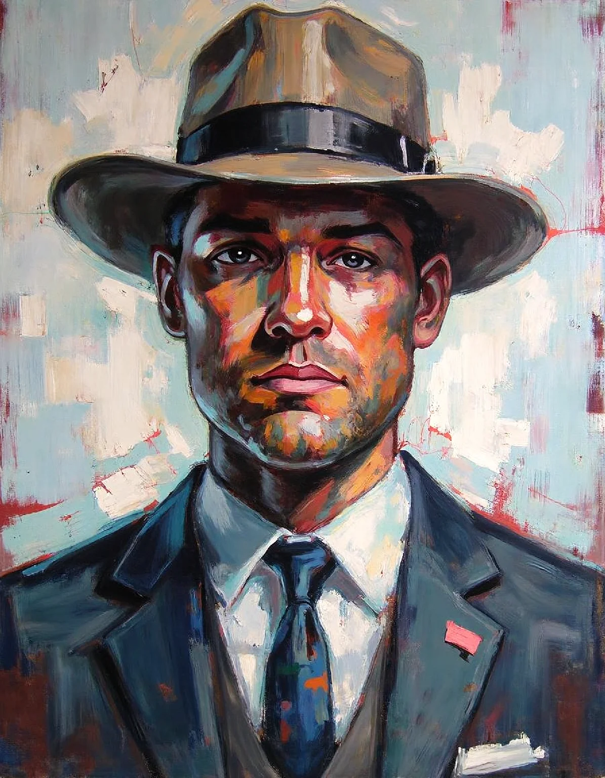 ssf_4bstr4ct painting of a mans portrait, wearing a suit and a hat, rough paint with expressive brushstrokes
