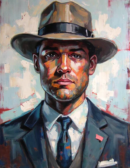 ssf_4bstr4ct painting of a mans portrait, wearing a suit and a hat, rough paint with expressive brushstrokes