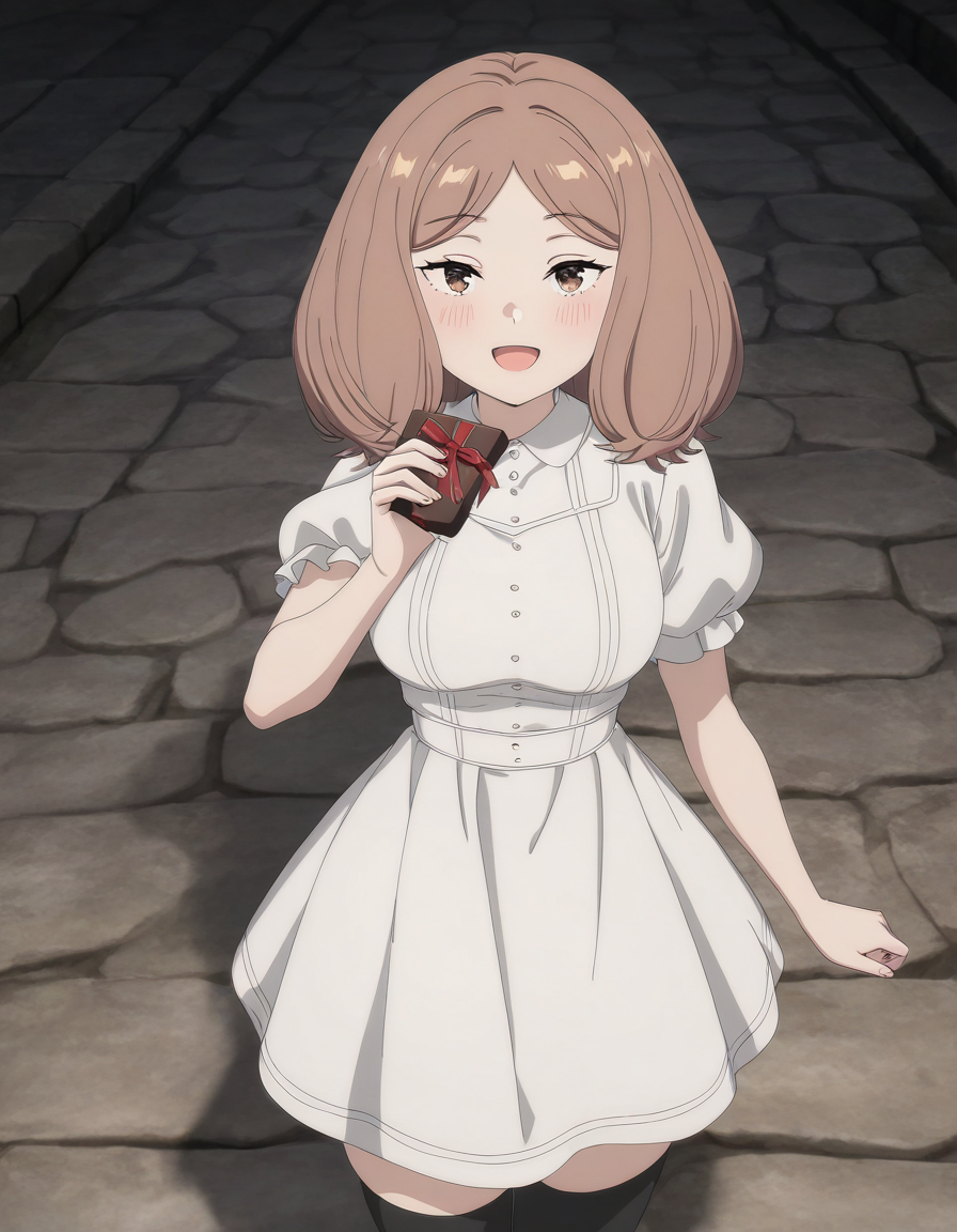 masterpiece, best quality, newest, absurdres, highres, safe,, <lora:mage-edel-s1-illustriousxl-lora-nochekaiser:1>, edel, brown hair, brown eyes, medium hair, medium breasts, anime screencap, thighhighs, dress, black thighhighs, white dress, short sleeves, puffy sleeves, puffy short sleeves, stone walkway, historic, path, cobblestone, footpath, smile, chocolate, holding, holding chocolate, holding food, food, looking at viewer, open mouth, blush, smile, school uniform, looking at viewer, solo,, cowboy shot, solo