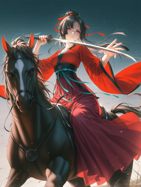 (tidsean:0.9),(misyune:1.1),wanke,(wlop:0.8),(reoen:0.9),[rei \(sanbonzakura\):0.9],suihei sen,
1girl,solo,medium breasts,hanfu,long hair,
looking at viewer,hair ribbon,hair up,riding,horse,dutch angle,holding sword,aiming at viewer,frown,from below,fighting stance,(battle:1.2),
,masterpiece,best quality,amazing quality,