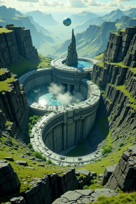 <lora:Legacy_of_the_forerunners_v.2:0.75>
Suspended high above a mountainous expanse, an immense circular megastructure merges with the landscape like a carved artificial ring embedded into the Earth itself, its vertical interior walls densely populated with layered, luminous gridwork and vast structural lines that resemble futuristic vertical cities rising in reverse from the pitâs inner walls. The outer rim is covered in a rich layer of verdant vegetation, softening the technological edge with a lush green biosphere that blends into the surrounding alpine terrain. At the heart of the formation, a jagged central spire of rock erupts upward from the basin floor, partially reflected in a massive mirrored void floating above, which seems to warp the horizon and defy traditional spatial logic. Distant mountain peaks recede into rolling mists, their outlines softened by clouds and atmospheric depth, while small satellite domes and moons hover subtly within the central chasm, hinting at gravity manipulation or celestial-scale engineering. The entire structure gives the impression of a titanic arcology or ancient world-machine, partially buried and partially revealed, with its sheer scale dwarfing the terrain around it and inviting speculation about its purpose, history, or cosmic origin. The composition uses an elevated wide-angle view with exaggerated depth, emphasizing grandeur and isolation in an environment where nature and technology coexist in monumental balance.