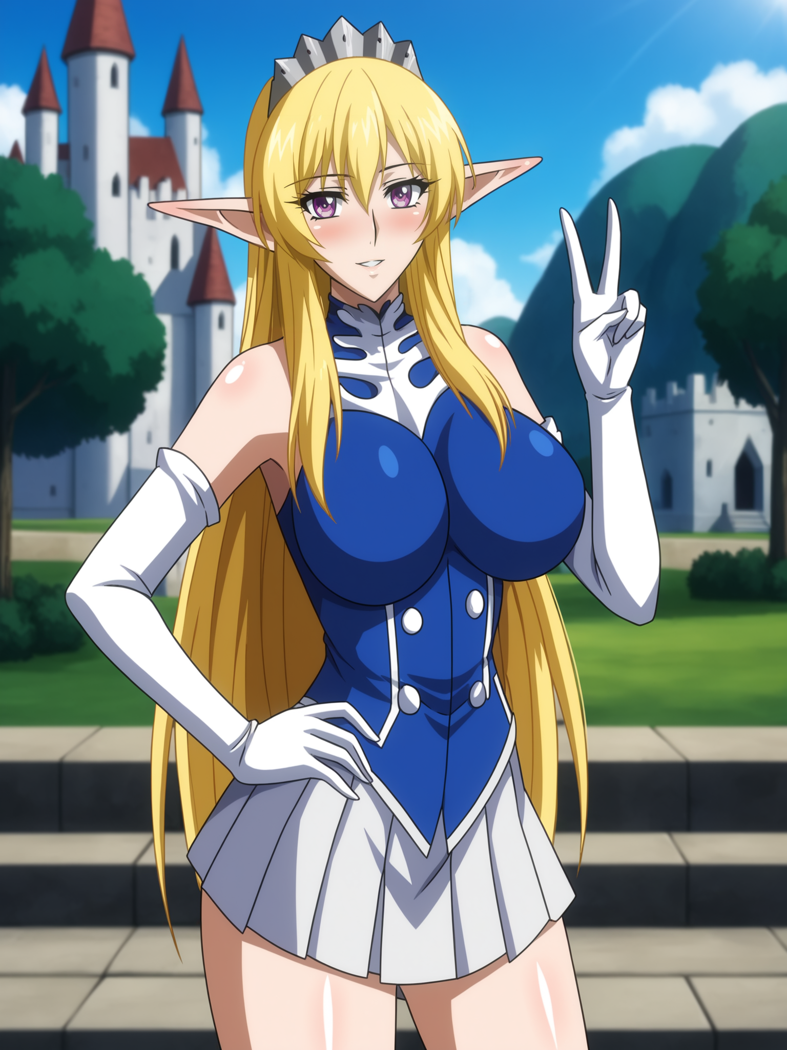 score_9,
NinaAslato, hand on own hip, showing V sign, cowboy shot, 
1girl, elf, solo, solo focus,
looking at viewer, blush, light smile, parted lips, 
blonde hair, long hair, purple eyes, tiara,
turtleneck, short dress, bare shoulders,  elbow gloves, pleated skirt,
curvy, large breasts, thighs,
outdoors, day, meadows, white castle, blue skies,
<lora:Nina Aslato3216PDXL:1>