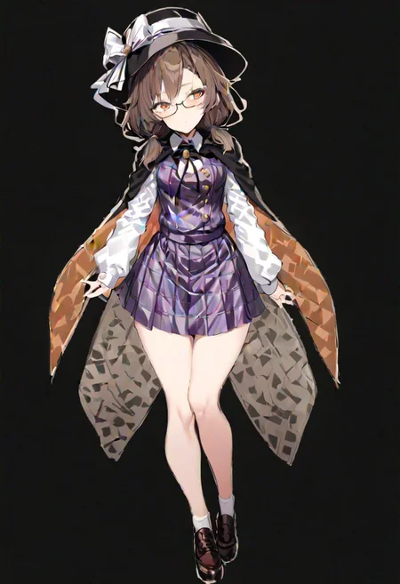 masterpiece, best quality, ultra-detailed, beautiful, nai3, 1girl, solo, full_body, tachi-e,
usami_sumireko, 1girl, hat, hat bow, brown hair, low twintails, glasses, brown eyes, cape, boo tie, plaid vest, shirt, plaid skirt, long sleeves, clothes writing, bolo tie,