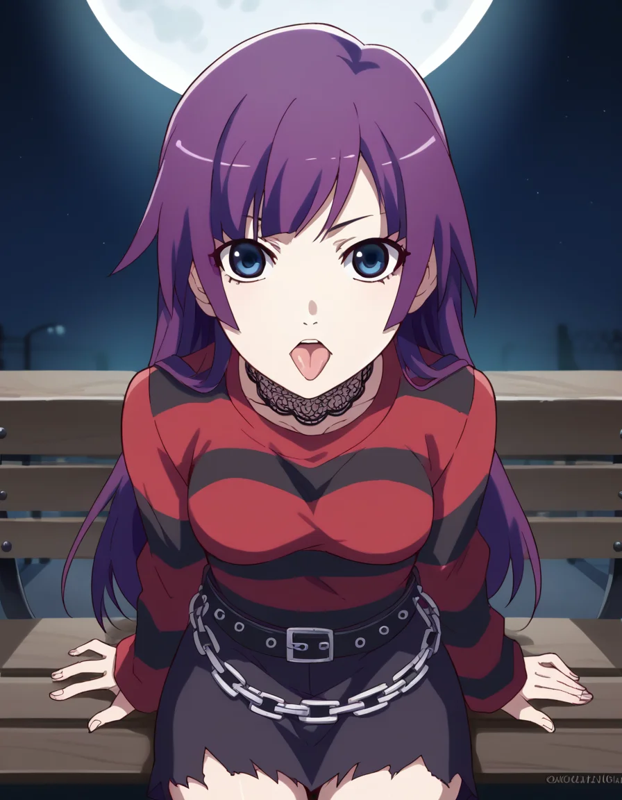 score_9, score_8_up, score_7_up, source_anime, hitagisenjougahara, <lora:hitagi-senjougahara-anime-ponyxl-lora-nochekaiser:1>, senjougahara hitagi, bangs, long hair, blue eyes, purple hair, medium breasts,, <lora:emo-fashion-ponyxl-lora-nochekaiser:1>, emo fashion, torn sweater, two-tone sweater, sweater under shirt, striped sweater, lace-trimmed choker, belt chain, red sweater, black sweater, goth fashion, street, night, moon, sitting, bench, from above, tongue out, cowboy shot, looking at viewer