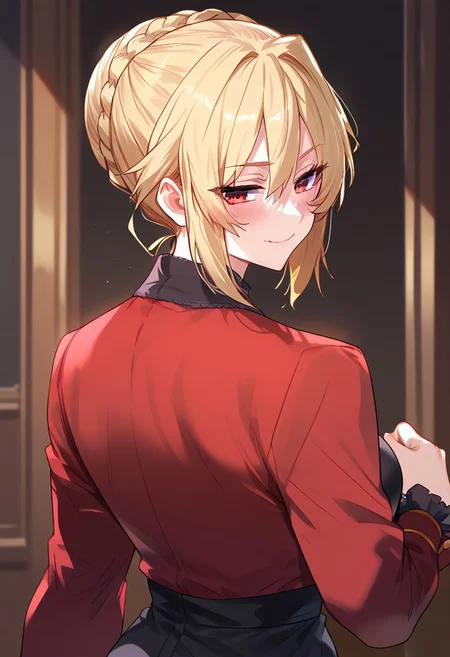 zPDXL3, score_9_up, score_8_up, score_7_up, (Anime_source), 1girl,Angelica.R.R., red eyes, blonde hair, long hair, bun hair, braid, black academic clothes, looking back, looking at viewer, upper body, smile, little blush, open closed mouth, half closed eyes