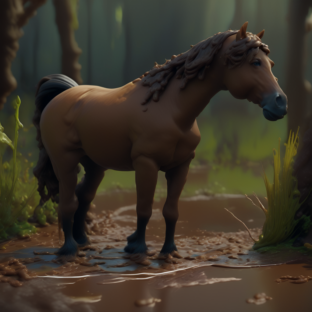 <lora:Chocoslime_DX_V9_-_CyberRealistic_Pony_v7:1>, score_9, score_8, score_7, chocoslime, chocoslimeswamp, chslswamp, swamp, chocolate swamp, (a horse:1.5), trees, grass, leaf, earth, brown water, 4K, UHD image, oustanding art, high quality, rich details, background blurred