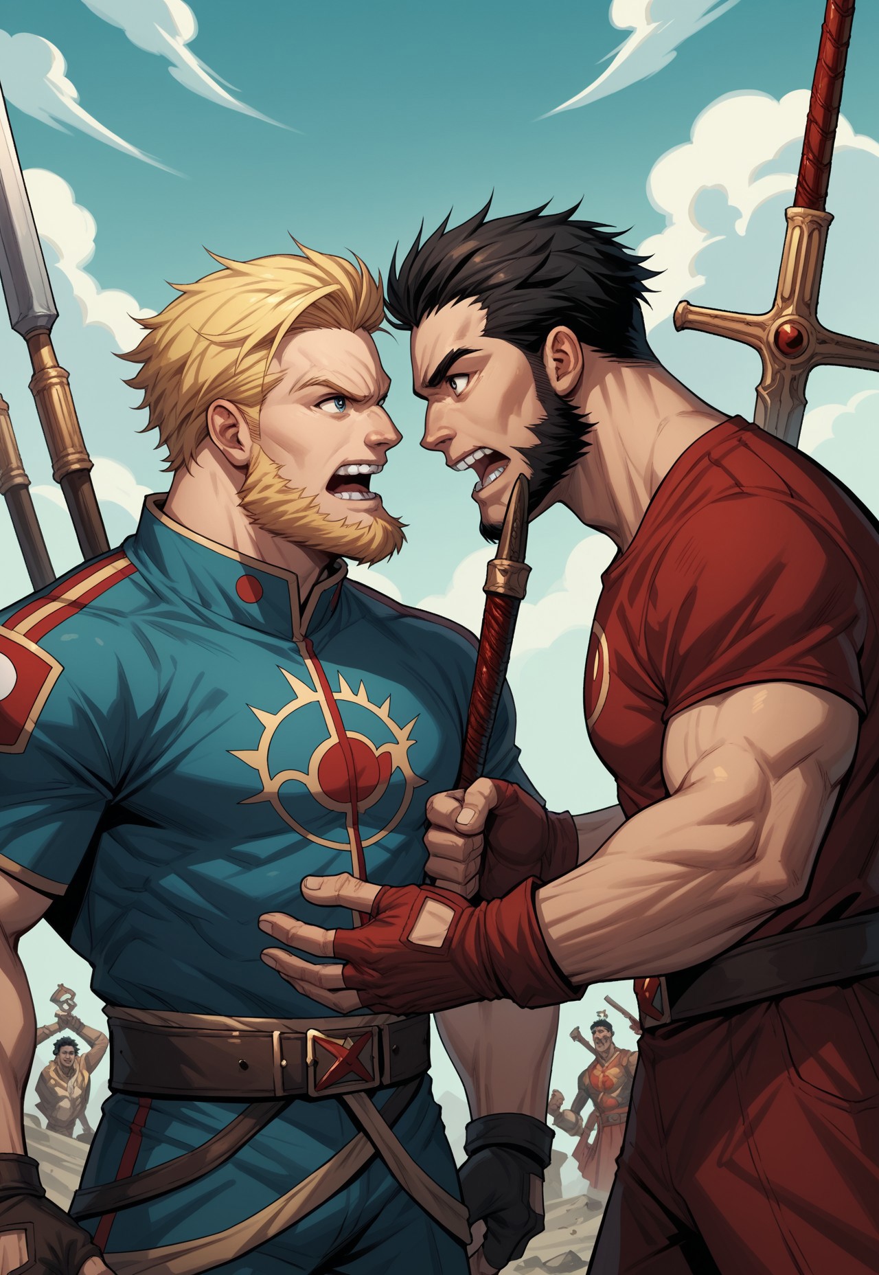 PonyXLV6_Scores , SUP3RH3R0 Style, multiple boys, 2boys, blonde hair, male focus, fingerless gloves, gloves, open mouth, facial hair, duel, eye contact, black hair, blood, looking at another, manly, teeth, beard, battle, weapon, comic art style