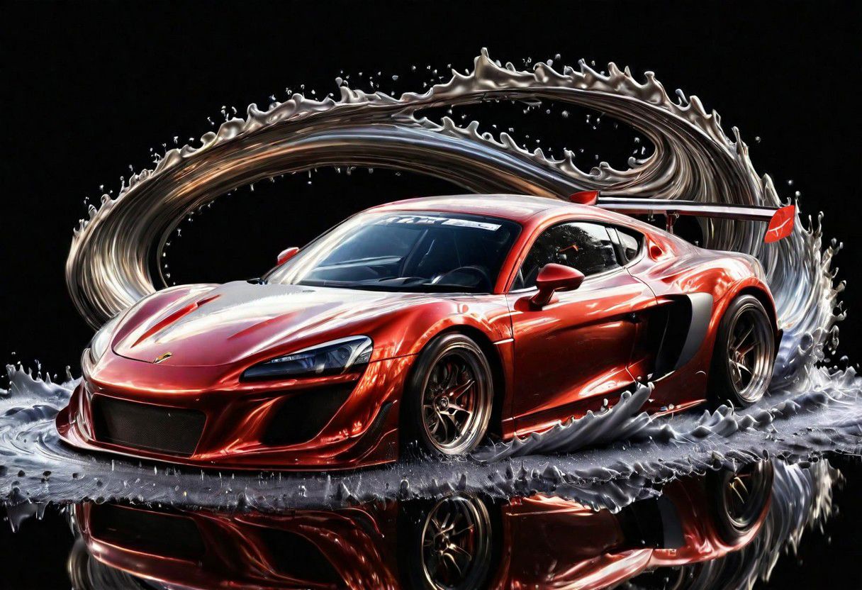 RED sports car, race car, racing through SILVER LIQUID METAL, liquid metal sprays up from the cars tyres, Car drifting sidewys in a black void