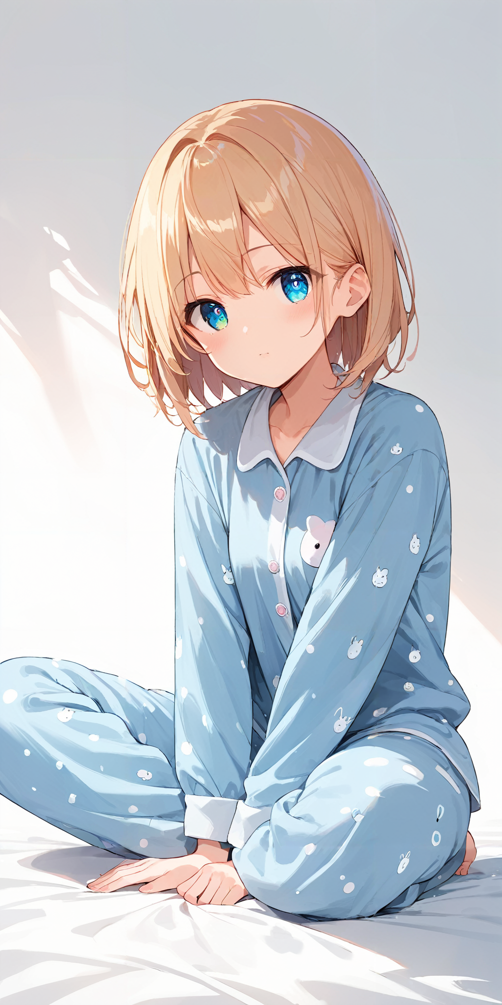 score_9, score_8_up, score_7_up,source_anime, high res image,masterpiece,best quality,girl,cute face,clear skin,shiny hair,ultra detailed eyes,simple background, <lora:pajamas_pony_V2.0:1> jyojifuku, pajamas