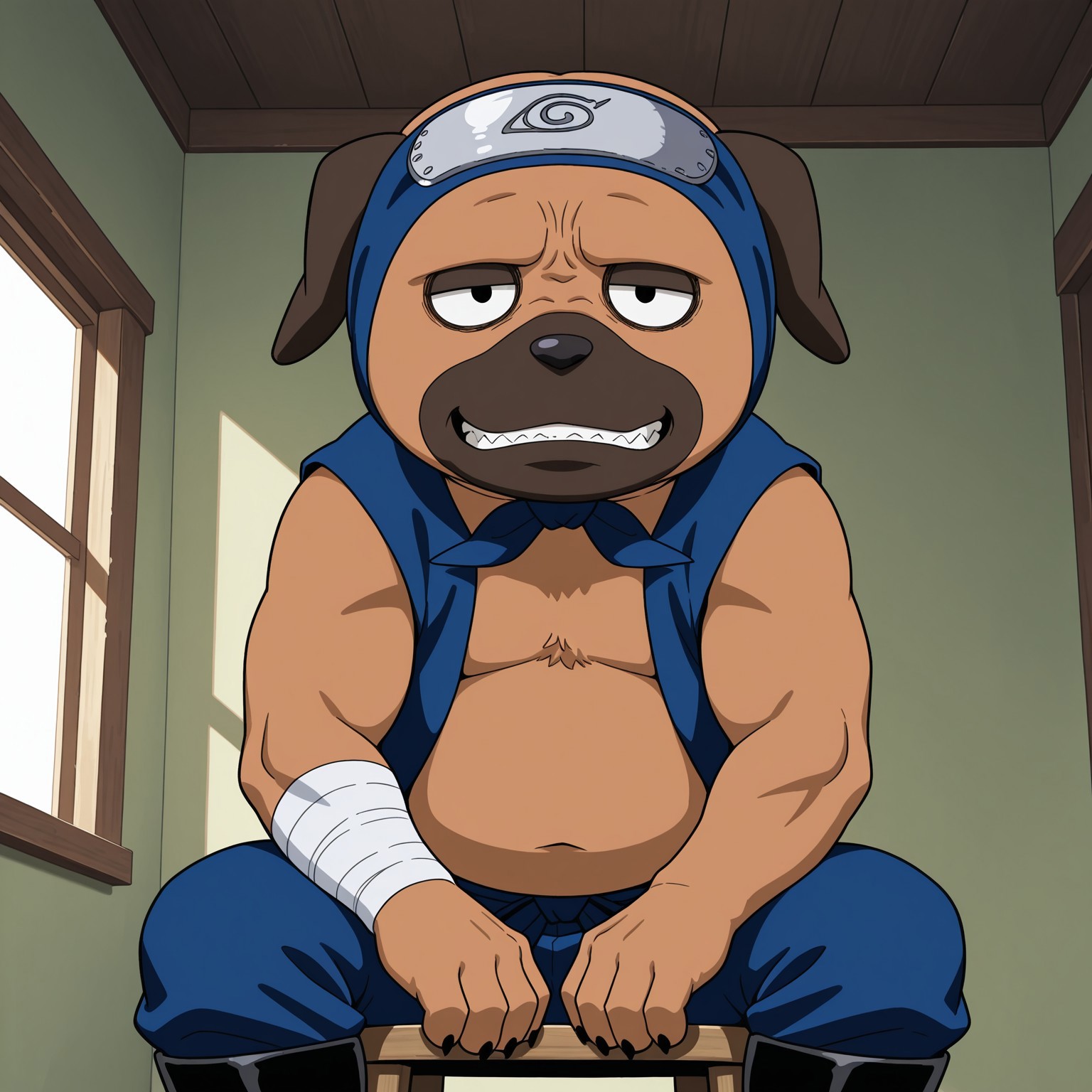 2d, 1boy, solo, Pakkun, male, dog, canine, tail, ((anthro)), furry, furry male, brown fur, dark brown snout, dark brown ears, black nose, black pupils, dark brown eyelids, black claws, paws, bandages on one arm, blue headband, forehead protector, sleeveless, blue vest, open vest, blue pants, black boots, overweight male, belly, muscular arms

BREAK indoors, sitting on chair, hands on legs, looking at viewer, grinning, 

BREAK best quality, amazing quality, very aesthetic, absurdres, newest, masterpiece 
