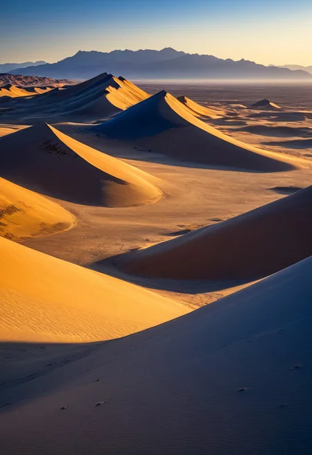 Sweeping low-angle view, expansive arid plateau, majestic sand dunes, rugged rocky outcrops, delicate mountain foothills. Vibrant golden hour lighting, ultra 8K masterpiece, intricate natural textures, refined gradients, dynamic spatial composition, radiant warm hues blending with cool indigo shadows, dramatic interplay of light and shadow, surreal atmosphere, exquisite natural elegance, epic scenic detail, immersive visual depth, atmospheric splendor, contemporary natural beauty.