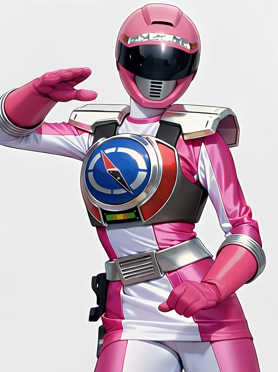 masterpiece, best quality, amazing quality, very aesthetic, absurdres, newest, anime screenshot,  anime coloring,  uncensored <lora:GoGo_Sentai_Boukenger_CharacterPack:1>tectopink, robot, solo, tectpnk helmet, tectpnk armor, tectpnk bodysuit, breasts, pink skirt, tectpnk belt, tectpnk gloves,  simple background,, simple background,  white background, fighting stance,  looking at viewer,