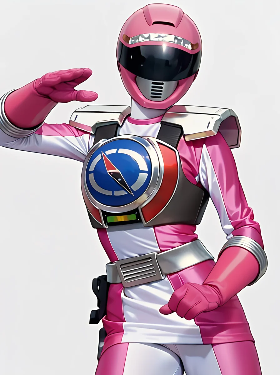 masterpiece, best quality, amazing quality, very aesthetic, absurdres, newest, anime screenshot, anime coloring, uncensored <lora:GoGo_Sentai_Boukenger_CharacterPack:1>tectopink, robot, solo, tectpnk helmet, tectpnk armor, tectpnk bodysuit, breasts, pink skirt, tectpnk belt, tectpnk gloves, simple background,, simple background, white background, fighting stance, looking at viewer,