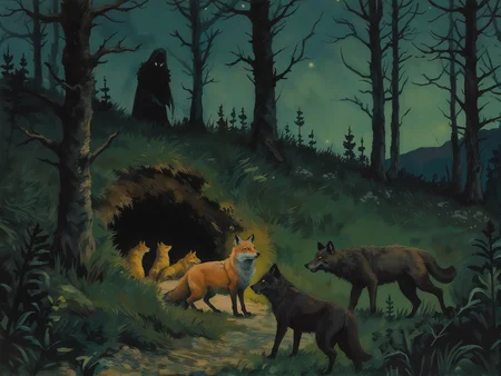 The image portrays a nighttime forest scene with a dark, moody atmosphere. The central focus is a burrow embedded into a sloping hill, its entrance shrouded in blackness, where small fox cubs are huddled together, their golden silhouettes barely visible in the darkness. At the mouth of the burrow, a mother fox stands defiantly, her body tense and poised to defend her young.
(Surrounding her, several wolf-like figures lurk on the grassy terrain. Their aggressive postures suggest movement, their limbs rigid and poised as if preparing to attack. Though simple in form, the wolves' presence conveys a clear menace, their positioning closing in around the mother fox.
The background consists of tall, spindly trees with jagged, dark trunks, their branches reaching upward, framing the scene ominously. Dense bushes and undergrowth further enhance the secluded, deep-forest setting. At the top of the hill, a lone, ghostly figure stands motionless, its pale form contrasting against the dark backdrop, adding an eerie, watchful presence. The color palette is dominated by deep greens, browns, and blacks, reinforcing the night-time setting and heightening the tension of the confrontation.
<lora:OBä¸ä¸çºªæ²¹ç»v1.1:1> OByouhua, oil painting