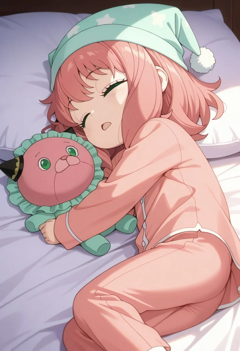 masterpiece,best quality,amazing quality, anya forger, pink hair, female child, child, green eyes, medium hair, 1girl, sleeping, solo, closed eyes, pajamas, pillow, open mouth, hat, lying, stuffed toy