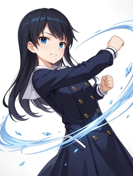 masterpiece,best quality,newest,
1girl,solo,
<lora:k_mutsumi_ilxl_v1.0:1>,k_mutsumi,black hair,long hair,blue eyes,
aizumi,blue dress,long_sleeves,double-breasted,
magic,fist,cold,ice,clenched fist,
<lora:Fixhands_anime_bdsqlsz_V1:1>,dynamic_angle,cinematic_angle,looking_at_viewer,standing,posing,simple_background,white_background,upper_body,face_focus,parted lips,expressionless,grin,