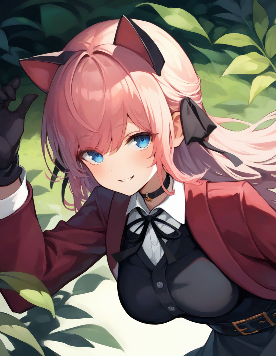 score_9,score_8_up,score_7_up,score_6_up BREAK official art,solo,outdoors,smile,upper body,(portrait:1.5),looking at viewer,facing viewer,Vivi,cat ears,long hair,pink hair,hair ribbon,black ribbon,sidelocks,bangs,blue eyes,choker,red coat,black dress,collared shirt,white shirt,shirt under dress,neck ribbon,white button,long sleeves,black gloves,large breasts,black belt,black thighhighs,zettai ryouiki,boots,black footwear,<lora:Vivi(v atmi)-Pony:1.4>,<lora:Smooth Anime Style LoRA XL:0.8>,