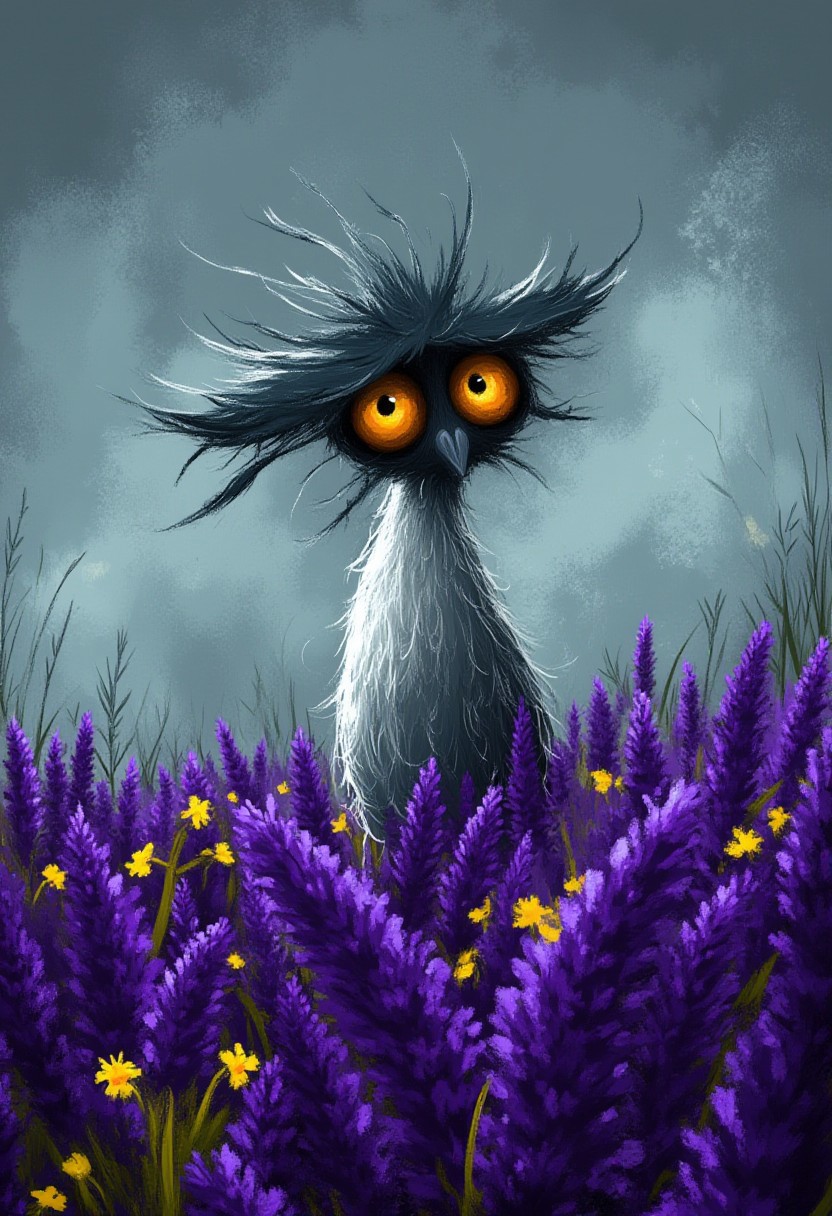 A whimsical illustration of a lanky, anthropomorphic rooster character in dark whimsical art style, dramatically posing in a steaming purple lavender field with scattered yellow daffodils, digital painting with expressive brushstrokes showing textured feathers and wild crest, misty twilight meadow background, characteristic Tim Burton inspired design with enormous amber eyes that glow with mysterious intensity
