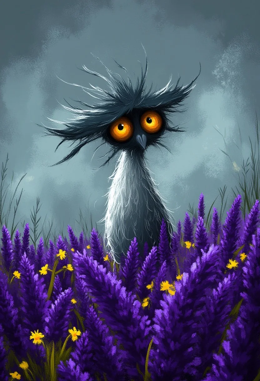A whimsical illustration of a lanky, anthropomorphic rooster character in dark whimsical art style, dramatically posing in a steaming purple lavender field with scattered yellow daffodils, digital painting with expressive brushstrokes showing textured feathers and wild crest, misty twilight meadow background, characteristic Tim Burton inspired design with enormous amber eyes that glow with mysterious intensity