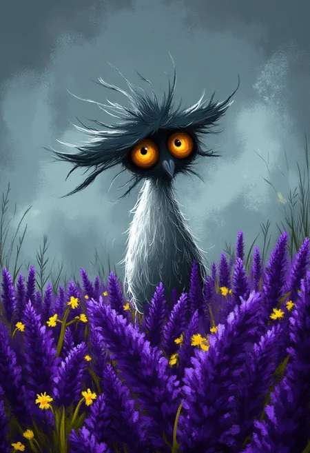 A whimsical illustration of a lanky, anthropomorphic rooster character in dark whimsical art style, dramatically posing in a steaming purple lavender field with scattered yellow daffodils, digital painting with expressive brushstrokes showing textured feathers and wild crest, misty twilight meadow background, characteristic Tim Burton inspired design with enormous amber eyes that glow with mysterious intensity