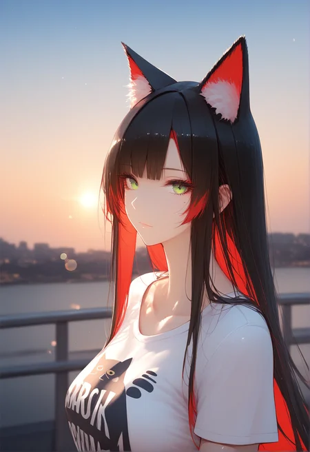 score_9, score_8_up, score_7_up, score_6_up, source_anime, <lora:RLI 0.2v:1>, RLI,
1girl, solo, animal ears, black hair, long hair, shirt, green eyes, looking at viewer, white shirt, colored inner hair, red hair, multicolored hair, upper body, cat ears, short sleeves, bangs, two-tone hair, closed mouth, blurry background, blurry, outdoors, animal ear fluff, t-shirt, cat print, very long hair, collarbone, animal print, print shirt, sky, evening, lens flare, from side,