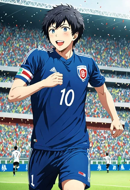 high resolution, solo, best quality, 1Boy, Arata Kaizaki, Black Hair, Blue Eyes, soccer player, field, portraits, sport photography, celebration, OverallDetail