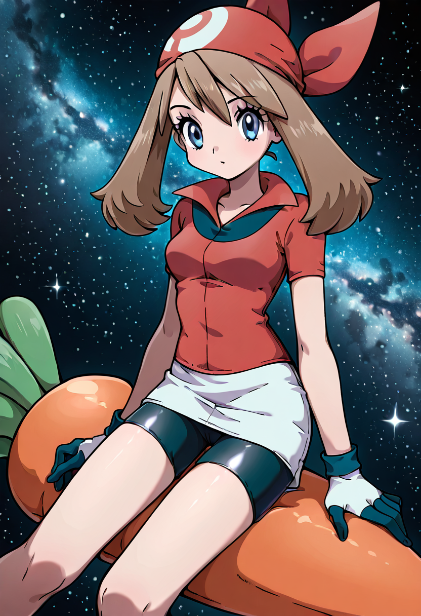 masterpiece, best quality, 1girl, solo, eyelashes, (beautiful eyes),   may (pokemon), 1girl, bandana, bike shorts, red bandana, gloves, skirt, space, sitting on a big floating carrot, stars,   ,<lora:LittleMyMay_KarotConCarneIL:1.0>,